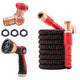 A Pocket Hose Ballistic set in black and red, featuring an expandable hose with anti-burst sleeve, spray nozzle, brass connector, three rubber washers, and a Y-shaped brass splitter, displayed on a white background.