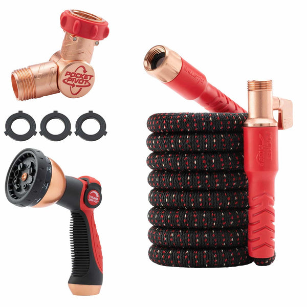 A Pocket Hose Ballistic set in black and red, featuring an expandable hose with anti-burst sleeve, spray nozzle, brass connector, three rubber washers, and a Y-shaped brass splitter, displayed on a white background.