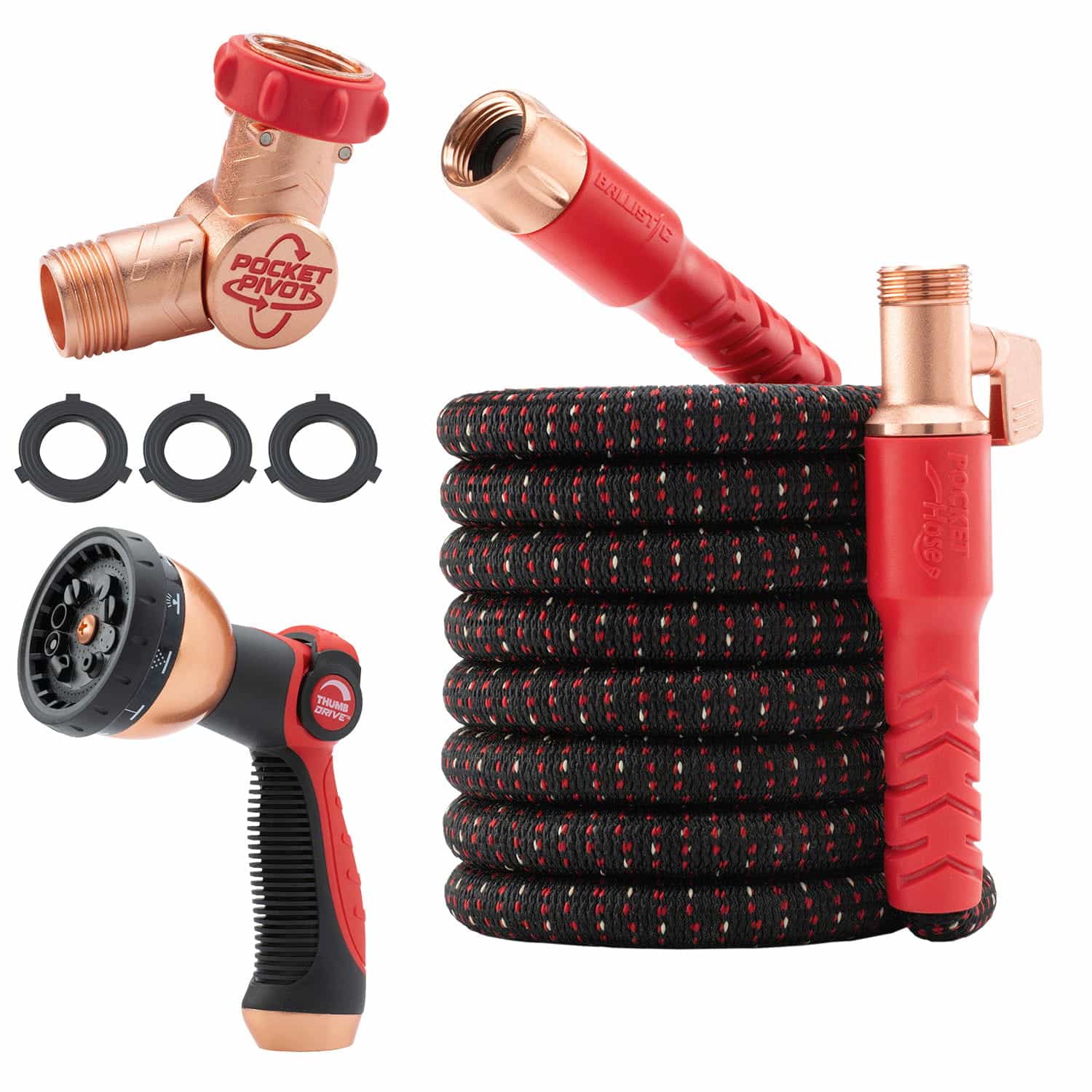 The Pocket Hose Ballistic, a coiled black and red expandable garden hose with brass connectors, a red adjustable spray nozzle, Y-shaped brass splitter, and three black rubber washers is shown on a white background.