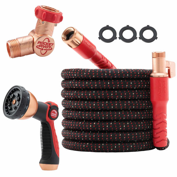 Pocket Hose Ballistic: black and red expandable garden hose set with anti-burst sleeve, brass connectors, spray nozzle, Y-valve adapter, and three rubber washers shown on a white background.