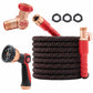 Pocket Hose Ballistic: black and red expandable garden hose set with anti-burst sleeve, brass connectors, spray nozzle, Y-valve adapter, and three rubber washers shown on a white background.