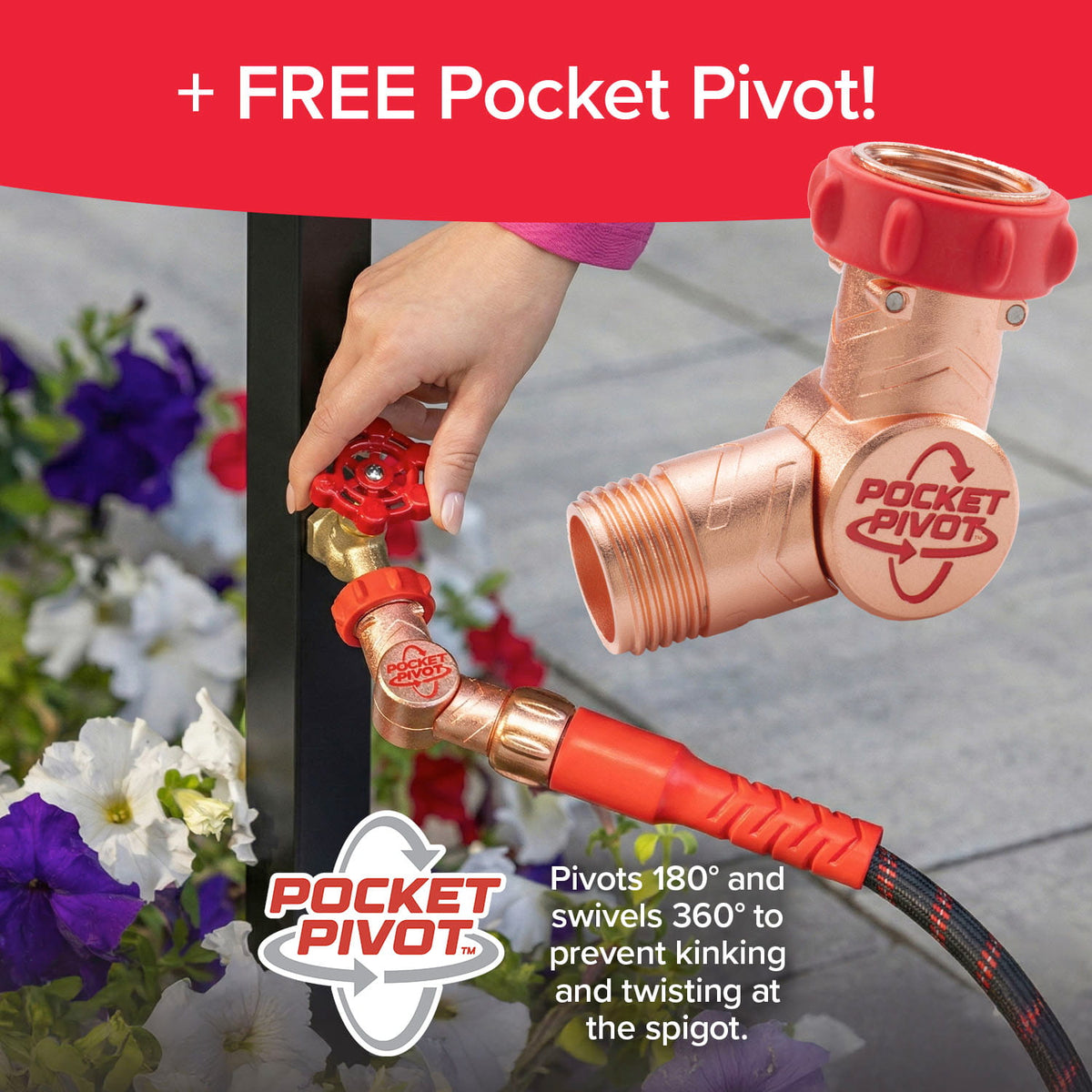 A hand attaches a metallic hose connector to an outdoor spigot, with an inset view of a swivel connector that pivots and rotates to prevent the Pocket Hose Ballistic from kinking.