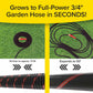 Split image shows Pocket Hose Ballistic on grass: left side, coiled at 17 feet; right side, fully expanded to 50 feet with anti-burst sleeve. Text reads: Expands to a Full-Power 3/4 Garden Hose in Seconds!.