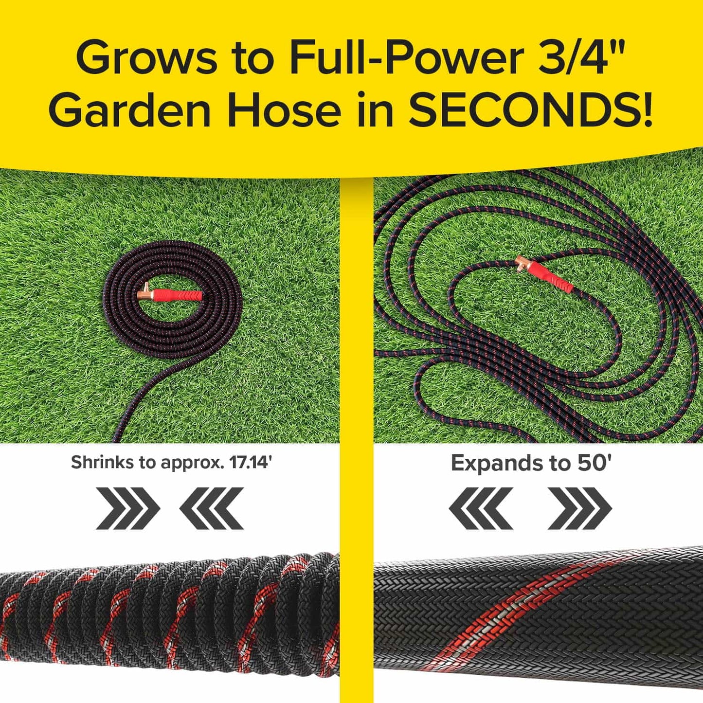 Split image shows Pocket Hose Ballistic on grass: left side, coiled at 17 feet; right side, fully expanded to 50 feet with anti-burst sleeve. Text reads: Expands to a Full-Power 3/4 Garden Hose in Seconds!.