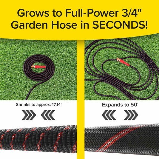 Split image shows Pocket Hose Ballistic on grass: left side, coiled at 17 feet; right side, fully expanded to 50 feet with anti-burst sleeve. Text reads: Expands to a Full-Power 3/4 Garden Hose in Seconds!.
