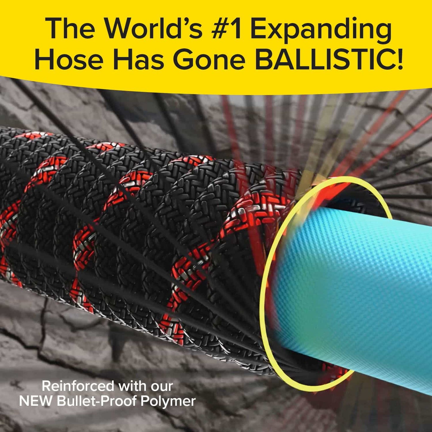 Close-up of the Pocket Hose Ballistic, an expandable garden hose with red accents and a visible blue inner layer. Bold yellow text announces, "The World’s #1 Expanding Hose Has Gone BALLISTIC!" and showcases its anti-burst sleeve.