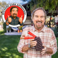 A smiling man in a plaid shirt holds a coiled black and red Pocket Hose Ballistic outdoors, next to a badge featuring his cartoon with two thumbs up and the words “RICHARD KARN APPROVED!”.