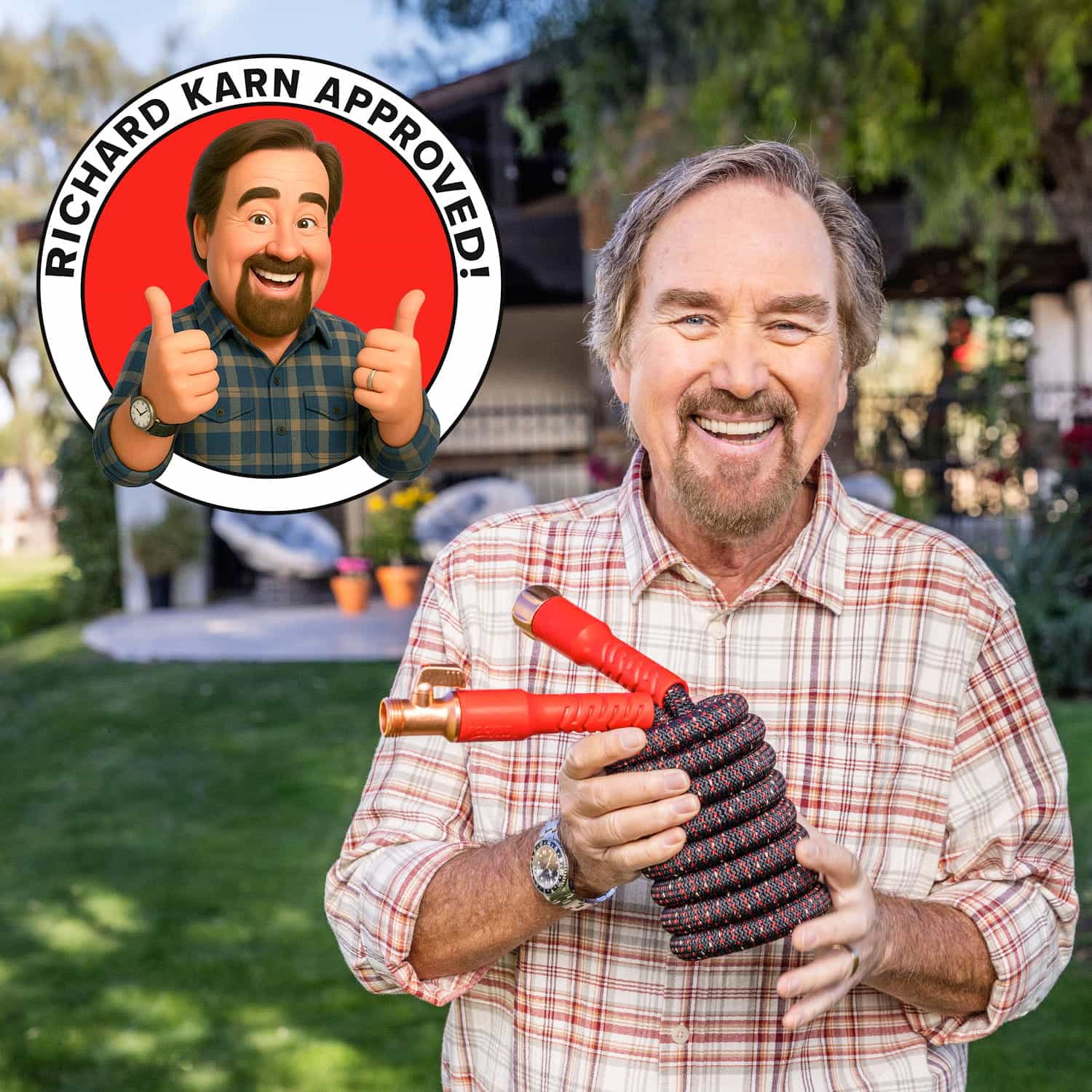 A smiling man in a plaid shirt holds a coiled black and red Pocket Hose Ballistic outdoors, next to a badge featuring his cartoon with two thumbs up and the words “RICHARD KARN APPROVED!”.