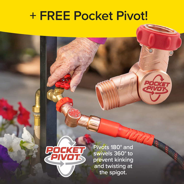 A hand attaches a red and brass Pocket Pivot to an outdoor faucet, keeping the connected Pocket Hose Ballistic from kinking. The ad offers a free Pocket Pivot, showcasing its 180° pivot and 360° swivel design.