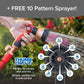 The Pocket Hose Ballistic expandable garden hose has a thumb-controlled nozzle with 10 spray patterns shown in a circle. Its anti-burst sleeve and easy-to-use design make it ideal for people with arthritis.