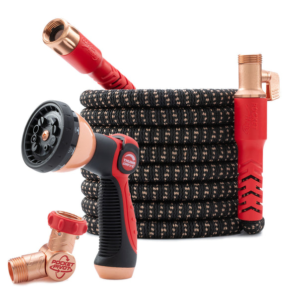 The Pocket Hose Copper Head is a kink-free, coiled black and gold garden hose with a leak-resistant design, complete with brass connector, shut-off valve, and red and black spray nozzle—all shown on a white background.