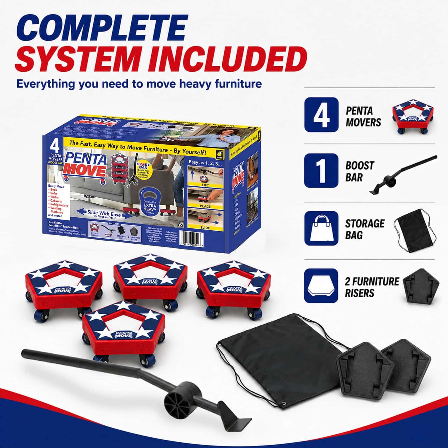 The Penta Move furniture moving system kit includes four heavy-duty red, white, and blue dollies, a black boost bar, two black risers, and a convenient black storage bag. Packaged in a box with clearly labeled components on a white background, the versatile Penta Move makes it easy and confident to move heavy furniture.
