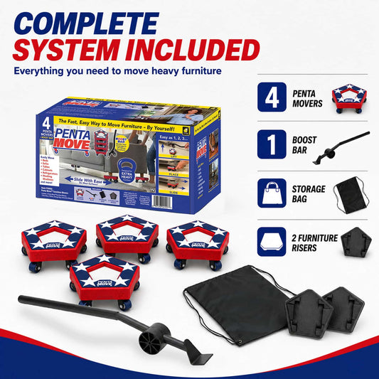 The Penta Move furniture moving system kit includes four heavy-duty red, white, and blue dollies, a black boost bar, two black risers, and a convenient black storage bag. Packaged in a box with clearly labeled components on a white background, the versatile Penta Move makes it easy and confident to move heavy furniture.