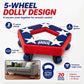 Penta Move, a pentagon-shaped furniture dolly with a star pattern and five heavy-duty swivel wheels, is shown lifting a sofa. It features deep grooves, anti-slip pads, and ensures even weight distribution. The text highlights its 20-wheel system, emphasizing Penta Move as an essential tool for moving heavy furniture.