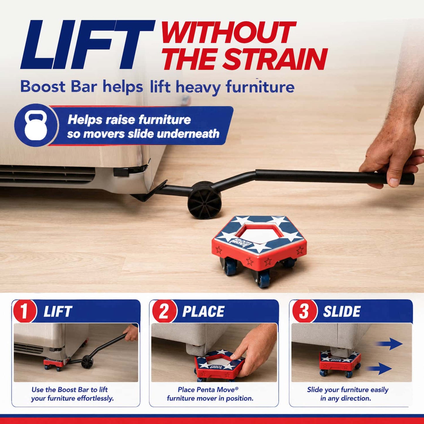 Using the Penta Move, a person easily lifts a couch with the help of a heavy-duty black bar tool and positions the red and blue wheeled platform underneath. Step-by-step instructions guide them to move heavy furniture effortlessly.