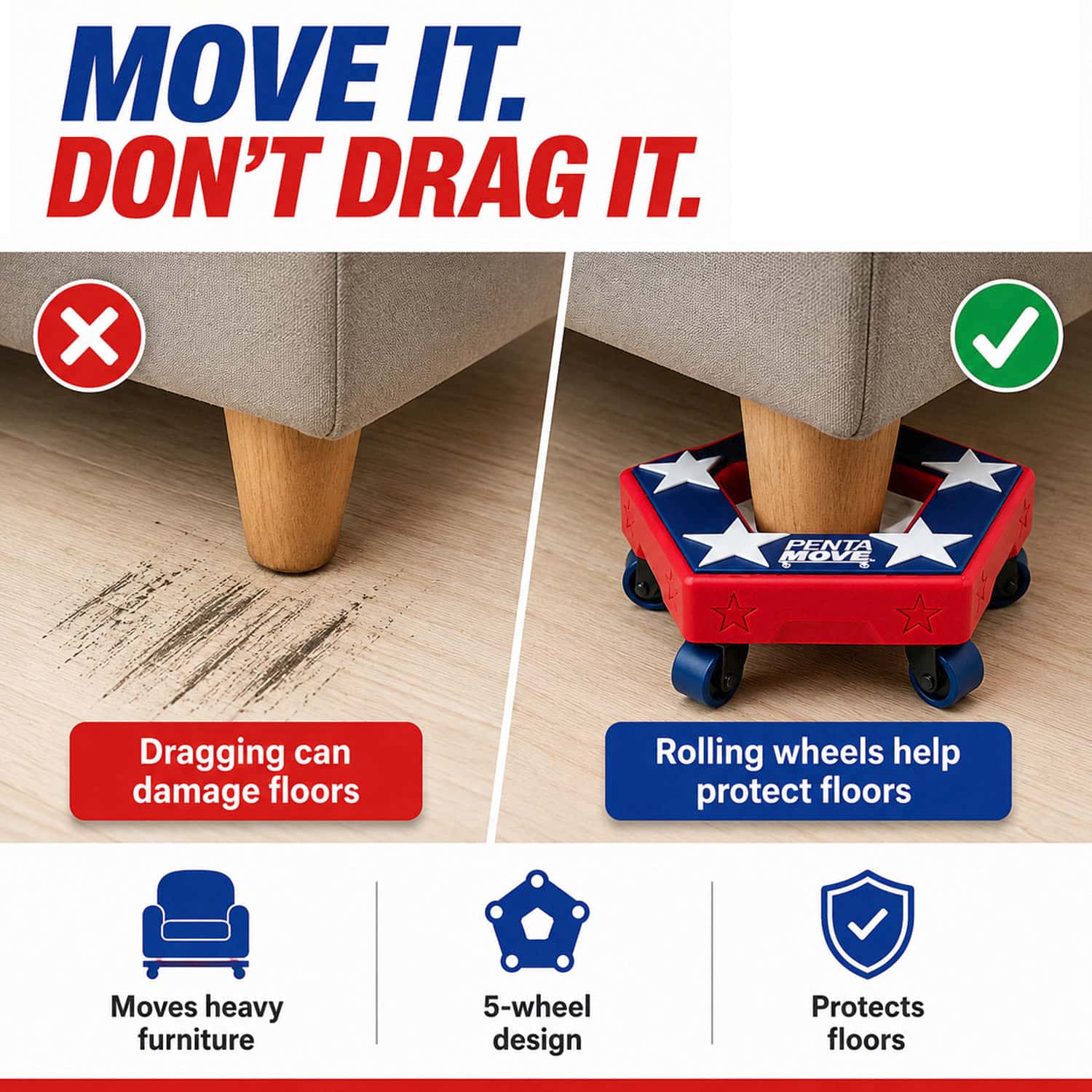 Comparison image showing a furniture leg dragging and scratching the floor on the left, versus safely moving furniture with Penta Move on the right to protect your floors. Text: “Move it with Penta Move. Don’t drag it.” Product features listed at bottom.