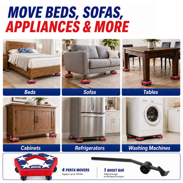 Collage showing furniture and appliances, such as beds, sofas, tables, cabinets, refrigerators, and washing machines—all positioned on Penta Move heavy-duty dollies or small red moving carts; features product images of the Penta Move furniture moving tool movers and a boost bar at the bottom.