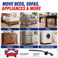 Collage showing furniture and appliances, such as beds, sofas, tables, cabinets, refrigerators, and washing machines—all positioned on Penta Move heavy-duty dollies or small red moving carts; features product images of the Penta Move furniture moving tool movers and a boost bar at the bottom.