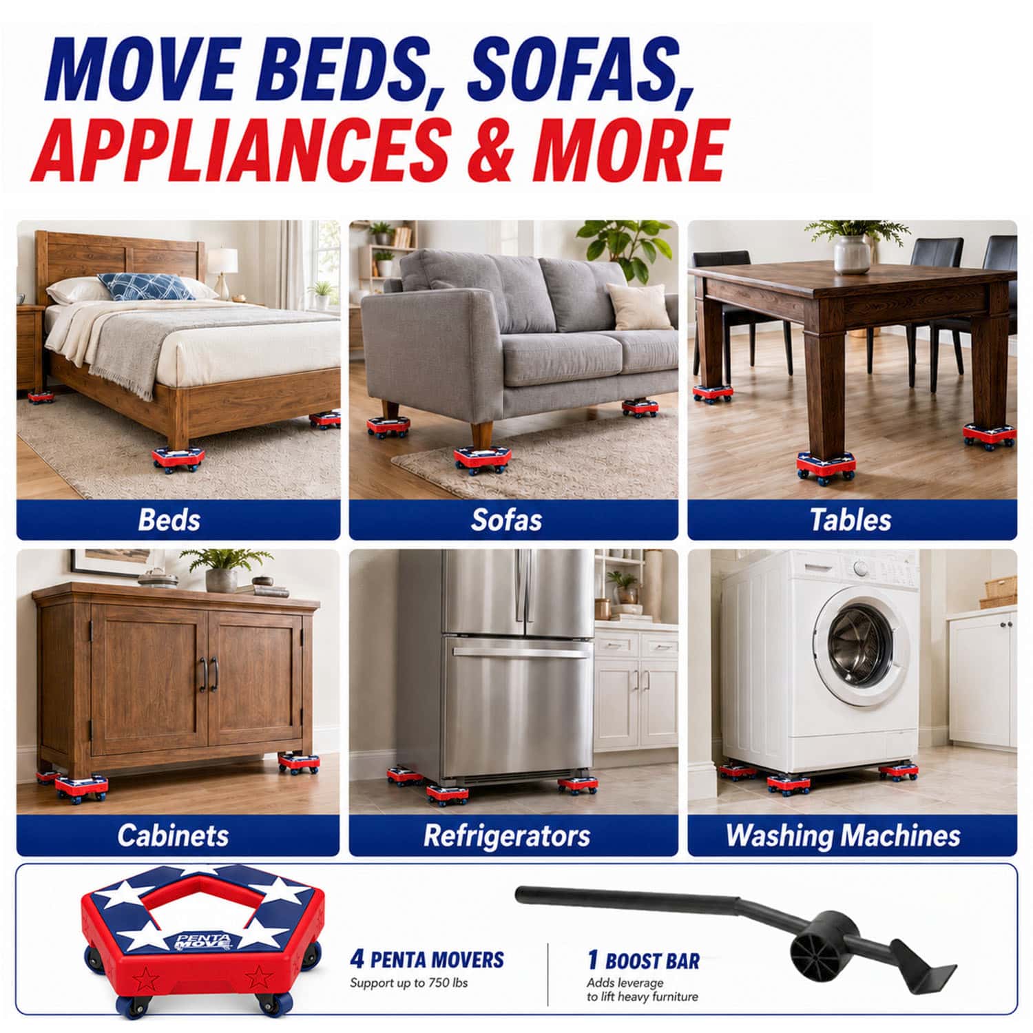 Collage showing furniture and appliances, such as beds, sofas, tables, cabinets, refrigerators, and washing machines—all positioned on Penta Move heavy-duty dollies or small red moving carts; features product images of the Penta Move furniture moving tool movers and a boost bar at the bottom.