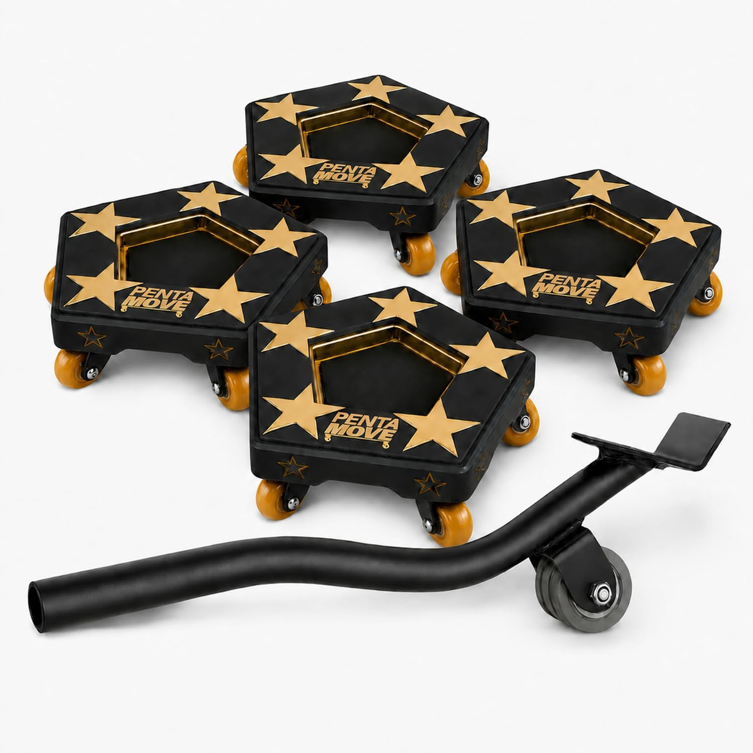Four black and gold hexagonal Penta Move 5-wheel dollies, each adorned with stars, are displayed next to a black Penta Move furniture lifter equipped with a small wheel—ideal for effortlessly lifting and moving heavy furniture.