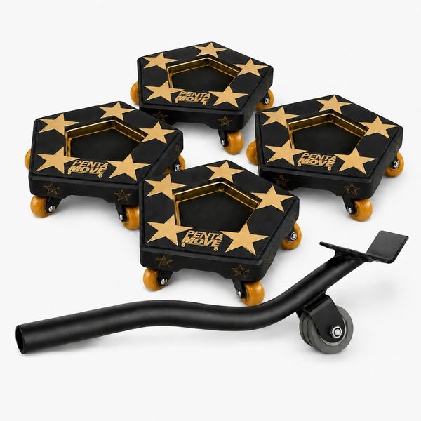 Four black and gold hexagonal Penta Move 5-wheel dollies, each adorned with stars, are displayed next to a black Penta Move furniture lifter equipped with a small wheel—ideal for effortlessly lifting and moving heavy furniture.
