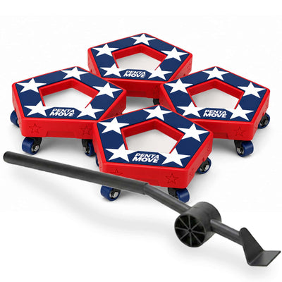 Move heavy furniture with ease using the Penta Move—a set of four heavy-duty furniture dollies with red, white, and blue star-patterned, pentagon-shaped centers and wheels, plus a black furniture moving tool included in front.