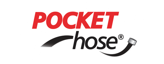 pocket hose logo - red text on top reading pocket and black text under reading hose and registered symbol with image of black hose 