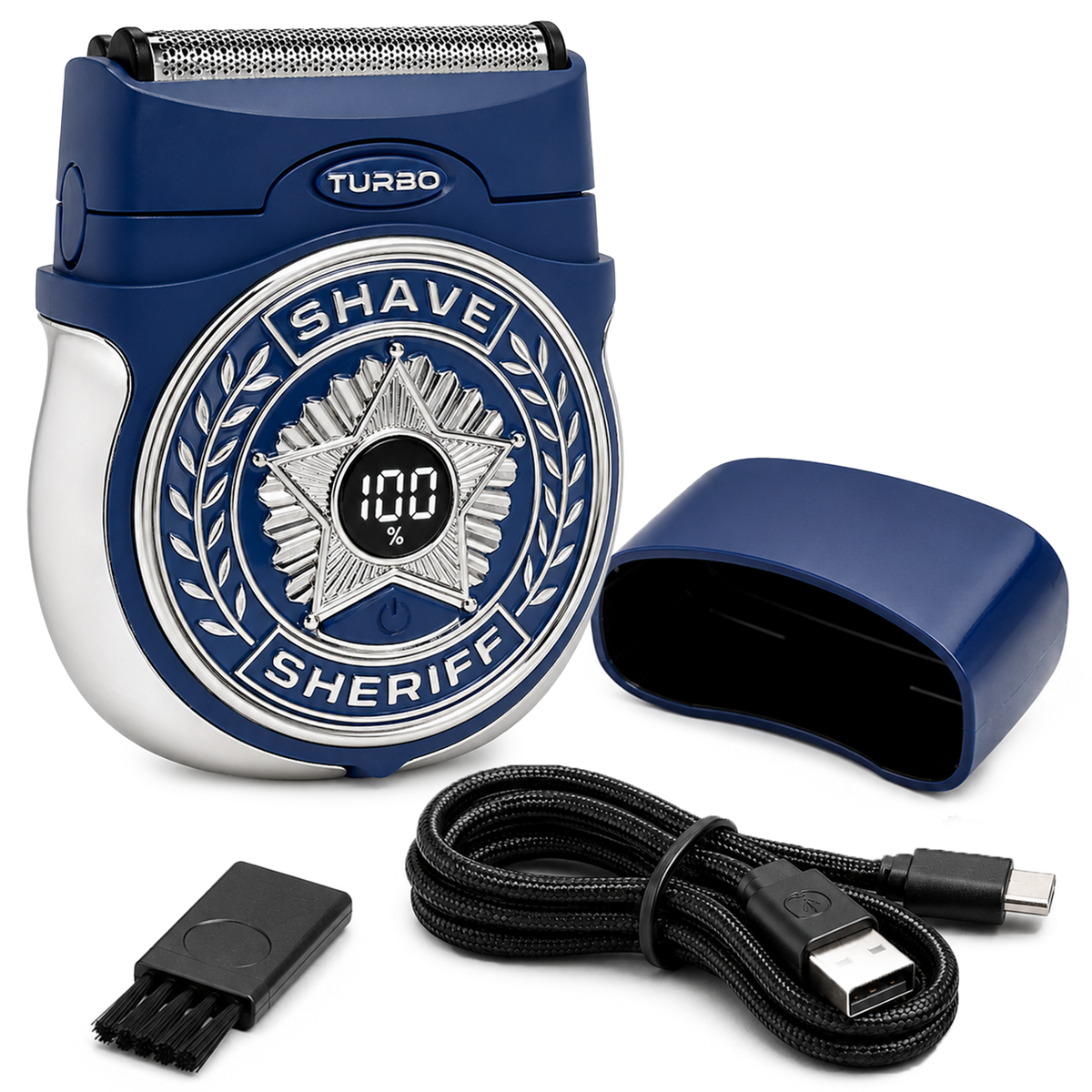 Shave Sheriff electric foil shaver with a digital battery display, protective cap, cleaning brush, and USB charging cable for cordless grooming.