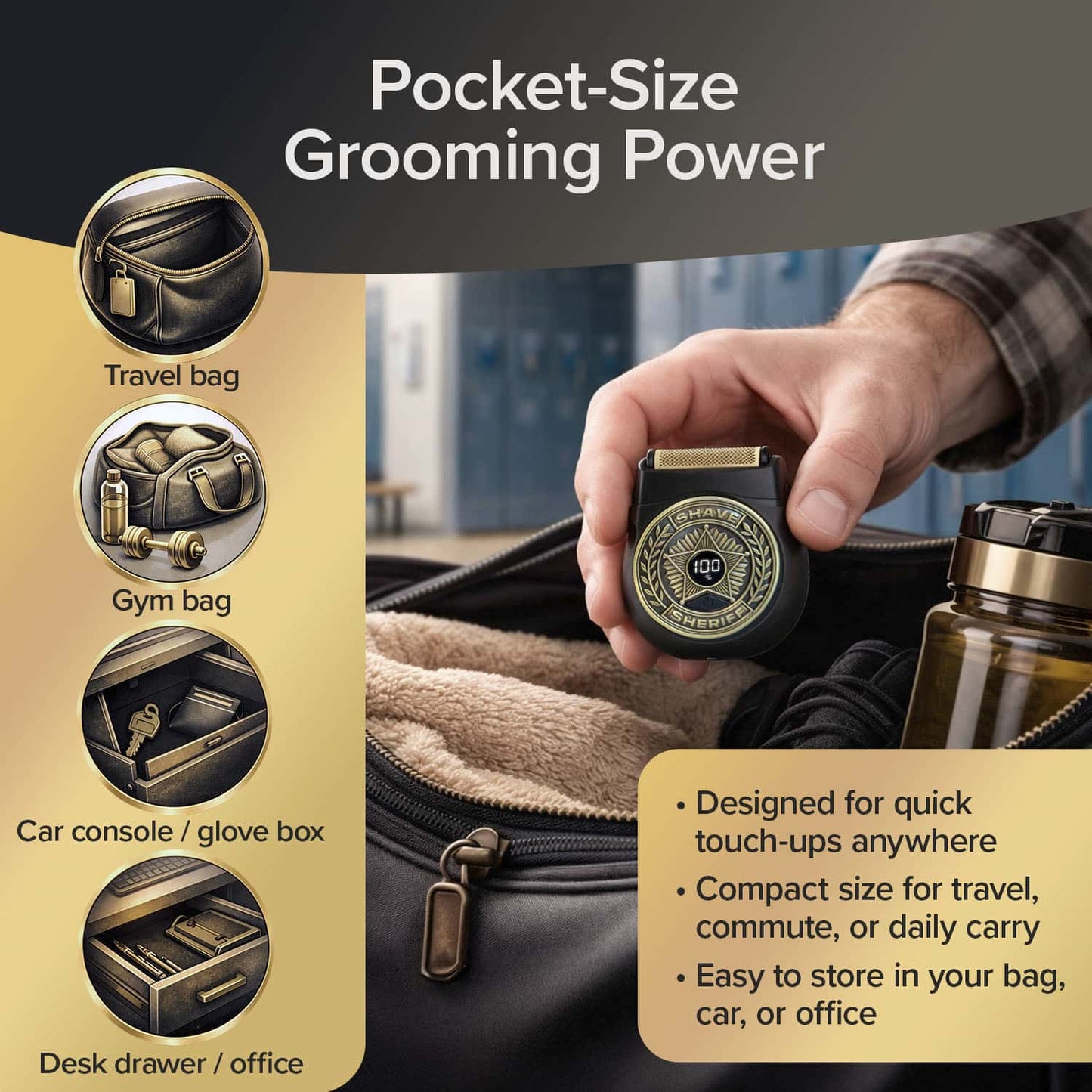 A hand places the Shave Sheriff electric razor into a sleek black duffel bag. Icons illustrate that the Shave Sheriff fits perfectly in a travel bag, gym bag, car console, or desk drawer. Text emphasizes its compact size and portability for travel, your commute, or the office—making this waterproof cordless shaver the ultimate grooming companion wherever you go.