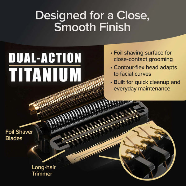 Close-up of the Shave Sheriff’s dual-action titanium electric shaver head, featuring precision foil shaver blades and a built-in long-hair trimmer on a sleek, compact unit. Text emphasizes smooth, close grooming, easy cleaning, flexible adaptation to facial contours, and the convenience of its waterproof cordless design.