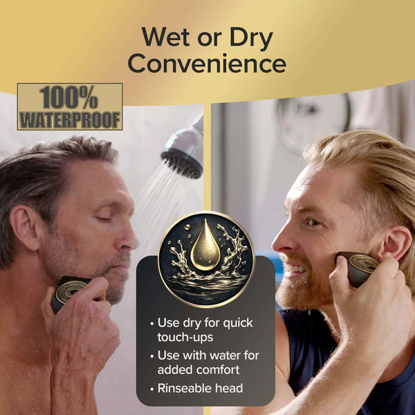 Two men shaving—one with Shave Sheriff in the shower and one using it dry—demonstrate its 100% waterproof, cordless design. Text highlights wet or dry versatility, rinseable head for easy cleaning, and full waterproof performance. A water droplet icon sits centered below the message.