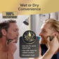 Two men shaving—one with Shave Sheriff in the shower and one using it dry—demonstrate its 100% waterproof, cordless design. Text highlights wet or dry versatility, rinseable head for easy cleaning, and full waterproof performance. A water droplet icon sits centered below the message.