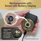 A hand holds the Shave Sheriff, a sheriff badge-themed rechargeable electric razor featuring an LED display that shows the battery level. Text highlights its digital battery readout, compact convenience, and includes a charging cord.