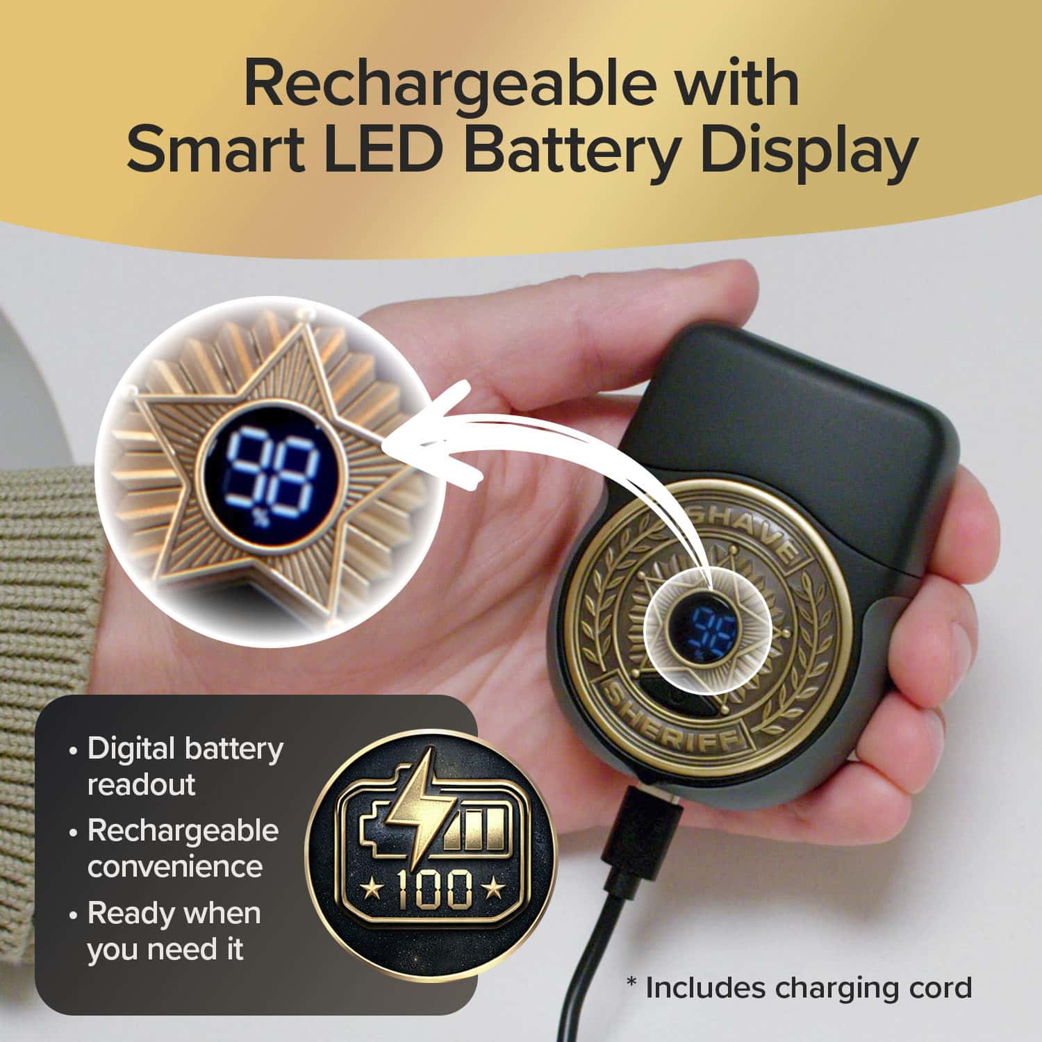 A hand holds the Shave Sheriff, a sheriff badge-themed rechargeable electric razor featuring an LED display that shows the battery level. Text highlights its digital battery readout, compact convenience, and includes a charging cord.