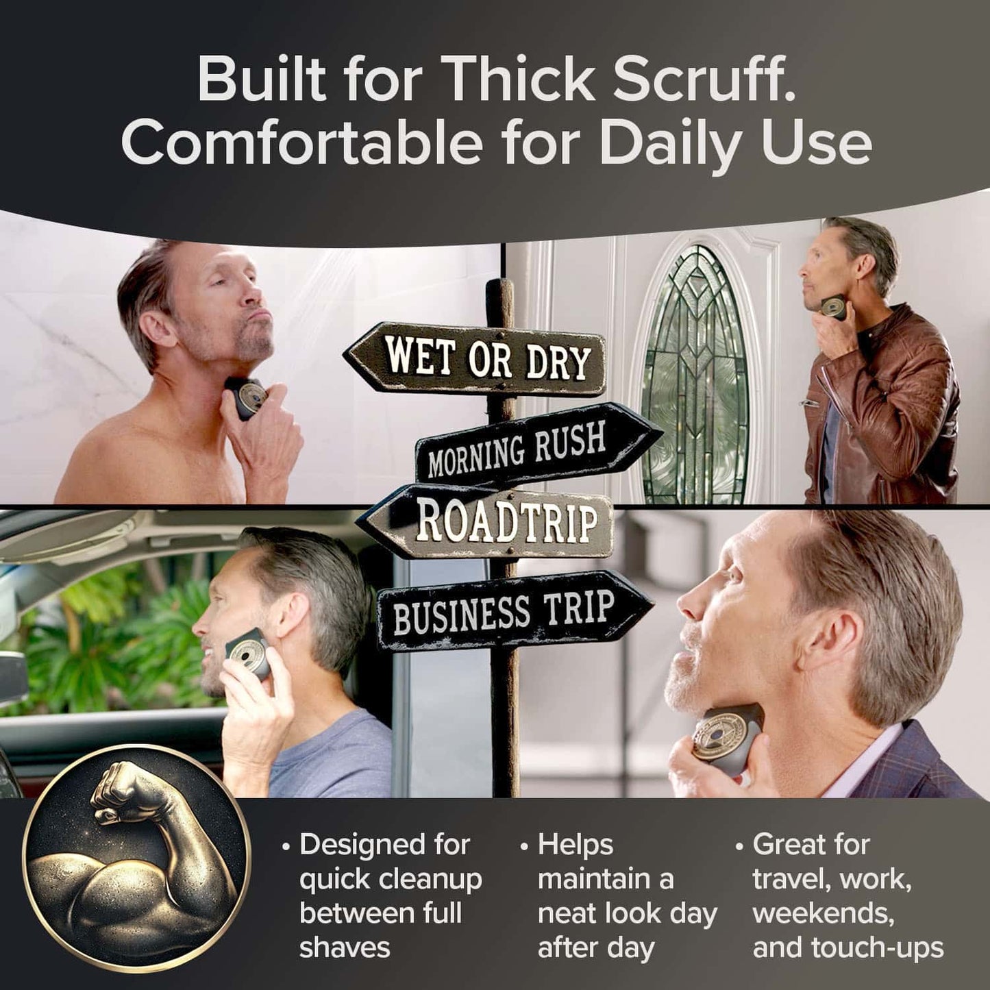 A man uses the Shave Sheriff, a compact electric razor, in various settings—including the shower, at home, and on the go in his car. The text highlights the comfort of using Shave Sheriff for daily grooming routines and emphasizes its benefits: quick cleanup, easily maintaining a neat appearance, and its travel-ready design.