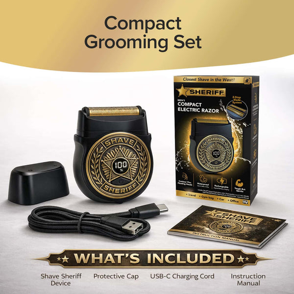 The Shave Sheriff grooming set includes the waterproof cordless Shave Sheriff shaver with a precision titanium blade, a protective cap, USB-C charging cord, and instruction manual. All components and the box are arranged on a beige surface.