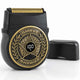 The Shave Sheriff is a compact electric razor featuring a black titanium blade, a gold sheriff badge design, and a digital display showing 100%. It comes with a black protective cap, displayed next to it on a white background.