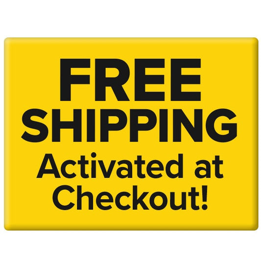 Yellow sign with bold black text that reads, FREE SHIPPING Activated at Checkout! Perfect for your next Cordless Electric Cutter, which features a self-sharpening stainless steel blade.
