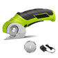 A Cordless Electric Cutter in green and black features a self-sharpening stainless steel circular blade, shown alongside an extra blade and a power adapter.