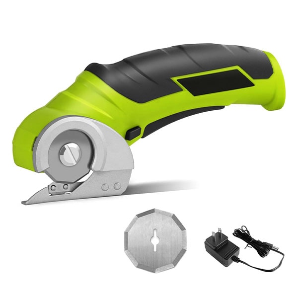 A Cordless Electric Cutter in green and black features a self-sharpening stainless steel circular blade, shown alongside an extra blade and a power adapter.