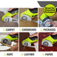 Six images display the Cordless Electric Cutter, a green handheld lightweight cutting tool, effortlessly slicing through carpet, cardboard, packaging, rope, leather, and paper. Each image clearly labels the material being cut. A yellow circle highlights the message: “Great for clamshell packages!” Equipped with a self-sharpening stainless steel blade, the Cordless Electric Cutter offers precision and convenience for a variety of materials.