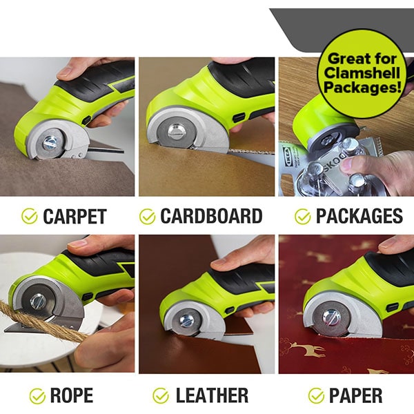 Six images display the Cordless Electric Cutter, a green handheld lightweight cutting tool, effortlessly slicing through carpet, cardboard, packaging, rope, leather, and paper. Each image clearly labels the material being cut. A yellow circle highlights the message: “Great for clamshell packages!” Equipped with a self-sharpening stainless steel blade, the Cordless Electric Cutter offers precision and convenience for a variety of materials.