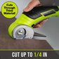 A hand operates the Cordless Electric Cutter on fabric, demonstrating its powerful yet lightweight design. Text on image reads: “Cuts through thick material! Cuts up to 1/4 in.” Features a self-sharpening stainless steel blade for effortless, precise cutting.