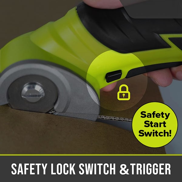 A close-up shows a hand holding the Cordless Electric Cutter, focusing on its green design and black safety lock switch with a padlock icon. The image features text reading “Safety Start Switch!” and “Safety Lock Switch & Trigger.” This cordless electric cutter is equipped with a self-sharpening stainless steel blade, making it the ultimate lightweight tool for effortless and precise cutting.