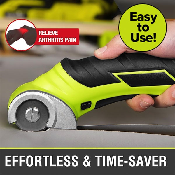 A hand operates the Cordless Electric Cutter—a green and black, lightweight tool—on cardboard. The text spotlights key benefits: Relieve Arthritis Pain, Easy to Use!, Effortless & Time-Saver. Featuring a self-sharpening stainless steel blade, this cordless electric cutter ensures smooth and precise cuts every time.