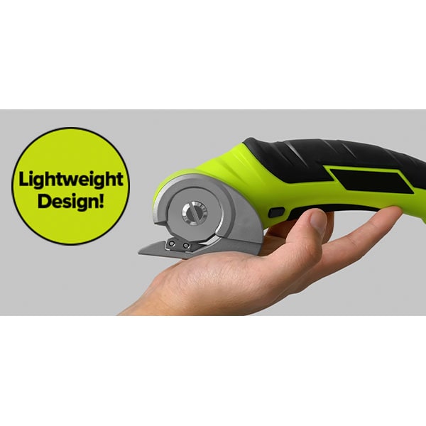 A hand displays the Cordless Electric Cutter in green and black, highlighting its lightweight tool design. On the left side of the image, a yellow circle reads “Lightweight Design!”.