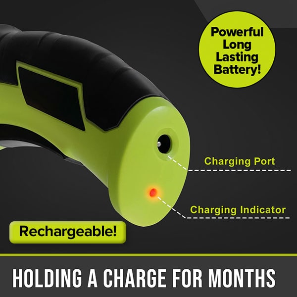 Close-up of the Cordless Electric Cutter in green and black, highlighting its charging port, red charging indicator, and messaging about its long-lasting battery that retains a charge for months. This lightweight tool is equipped with a self-sharpening stainless steel blade for enhanced durability and efficient cutting.