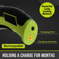 Close-up of the Cordless Electric Cutter in green and black, highlighting its charging port, red charging indicator, and messaging about its long-lasting battery that retains a charge for months. This lightweight tool is equipped with a self-sharpening stainless steel blade for enhanced durability and efficient cutting.