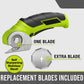 Cordless Electric Cutter in green and black, featuring a circular, self-sharpening stainless steel blade with a highlighted “One Blade” label. Comes with an additional image of an Extra Blade. This lightweight cutting tool displays the text: Self Sharpening Stainless Steel! and Replacement Blades Included.