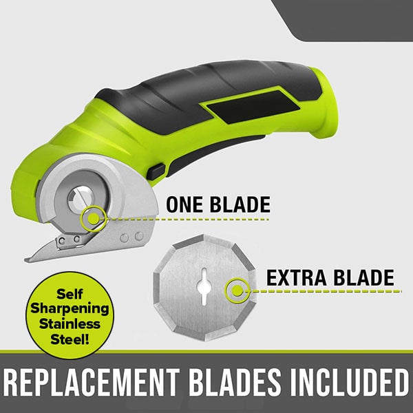 Cordless Electric Cutter in green and black, featuring a circular, self-sharpening stainless steel blade with a highlighted “One Blade” label. Comes with an additional image of an Extra Blade. This lightweight cutting tool displays the text: Self Sharpening Stainless Steel! and Replacement Blades Included.